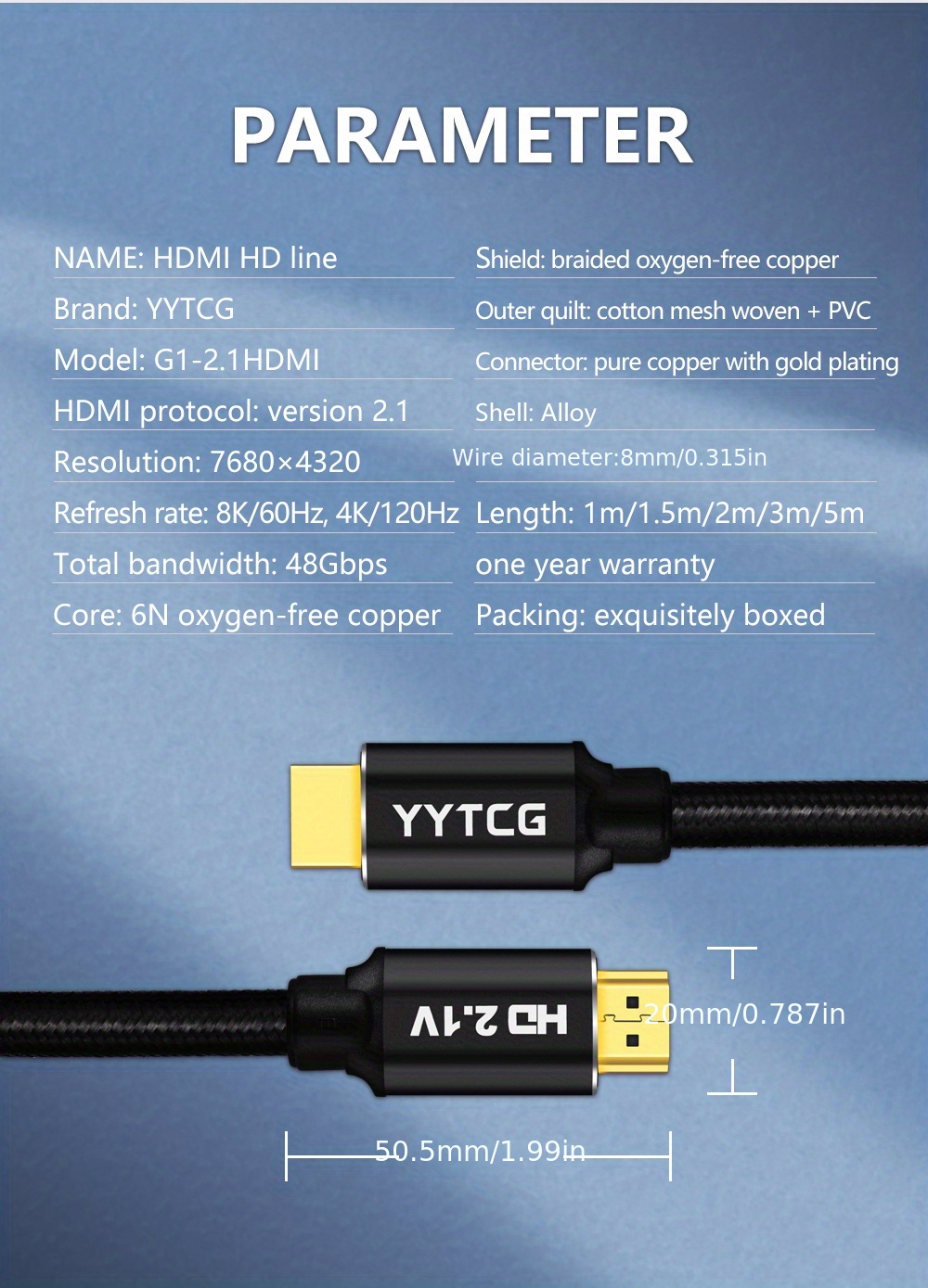 1M 2M 3M HDMI 2.1 Cable 8K 60Hz 4K 120Hz 48Gbps ARC Video