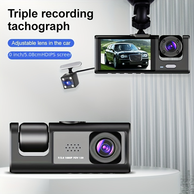 3-Kanal-Dashcam Vorne Und Hinten Innen, 1080P Dashcam IR-Nachtsicht,  Loop-Aufnahme-Auto-DVR-Kamera 3 Objektive Mit 2-Zoll-IPS-Bildschirm 3  Kameras