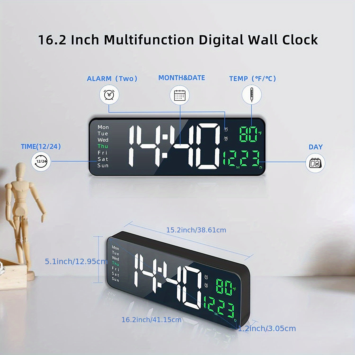 TXL Reloj de pared digital grande, calendario personalizado de 8 idiomas,  temporizador de cuenta hacia arriba y recordatorio de temperatura, reloj