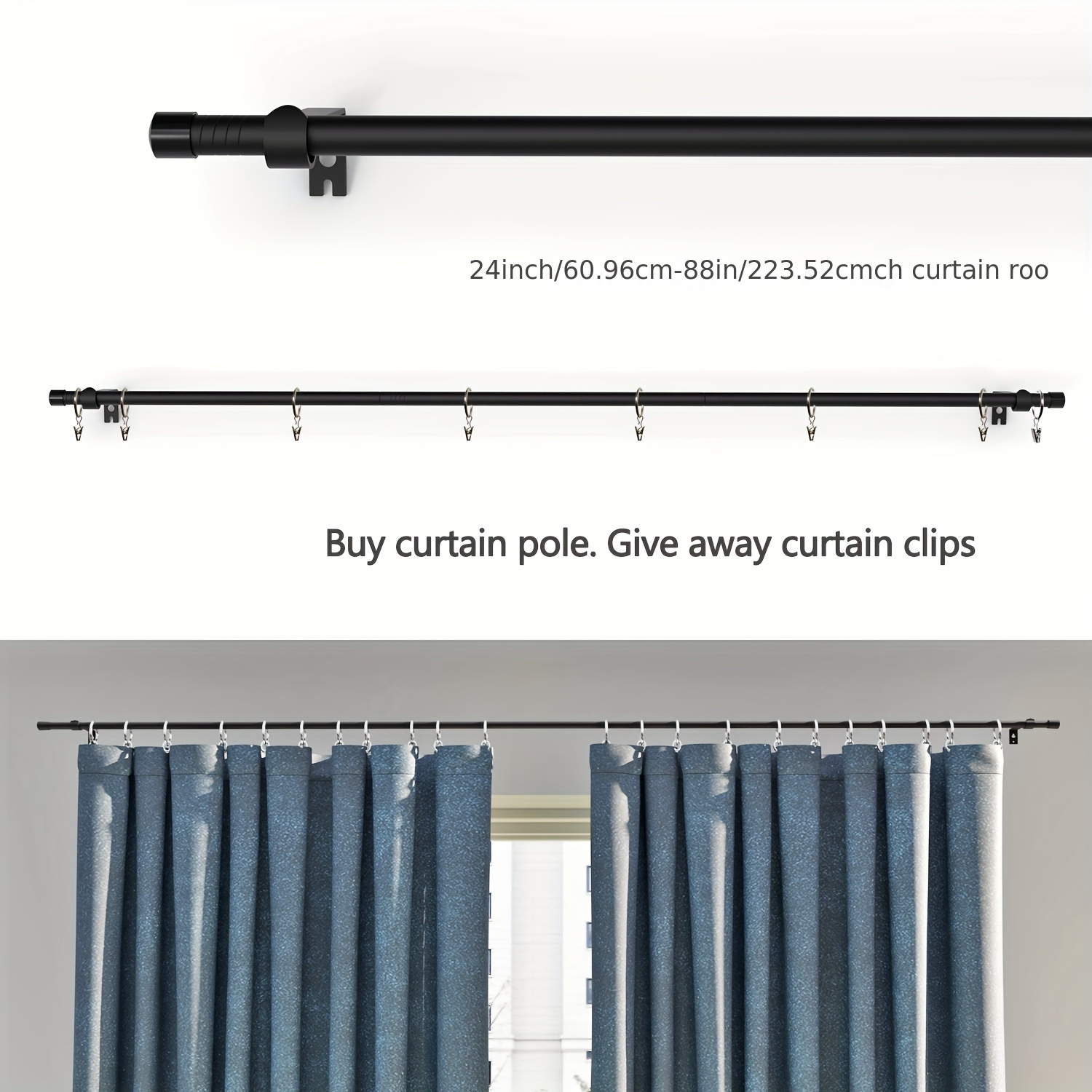 

1pc Metal Curtain Rod, 23-80 Inch Adjustable Length, With Hooks, For Bedroom, Patio, Kitchen, Living Room, Dining Room, Office - Window Treatment