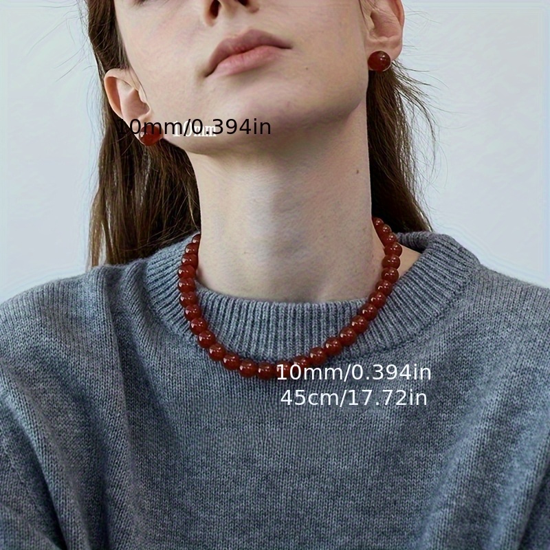 2pcs Natural Red Agate Stone Necklace and Stud Earrings Set