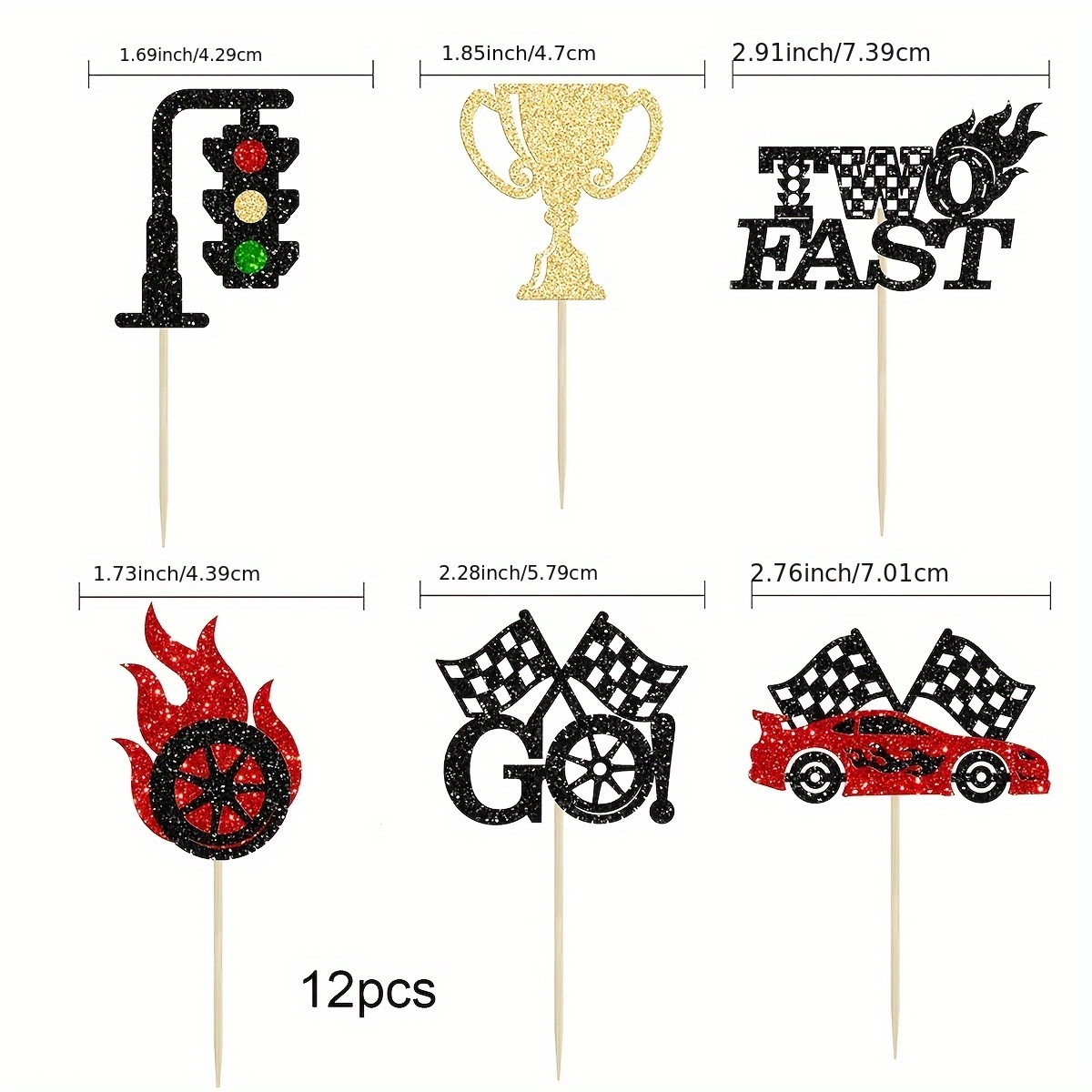 Image of 12/24pcs 2 Fast Cupcake Toppers Glitter Race Car Cupcake Pick Decorations For Bb Shower Racing Sports Theme 2nd Birthday Party Cake Decors Supplies