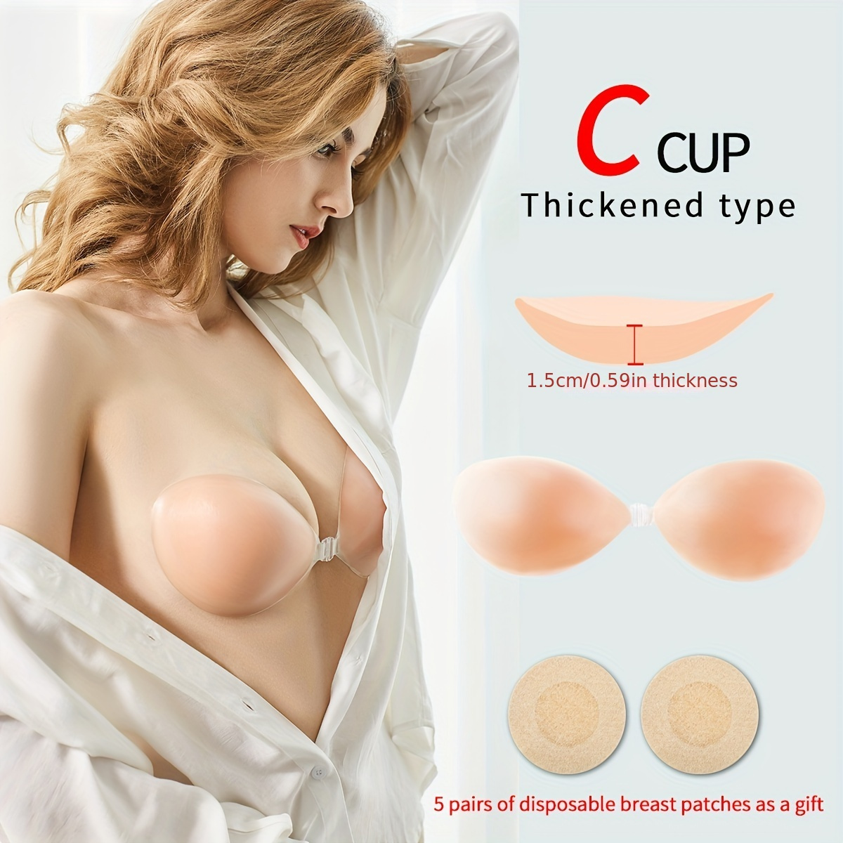 Strapless Self Adhesive Bra Nipple Breast Pasties Cover Push Up Bra  Reusable Silicone Invisible Lingerie Pad Enhancers(Skin Color,C) 