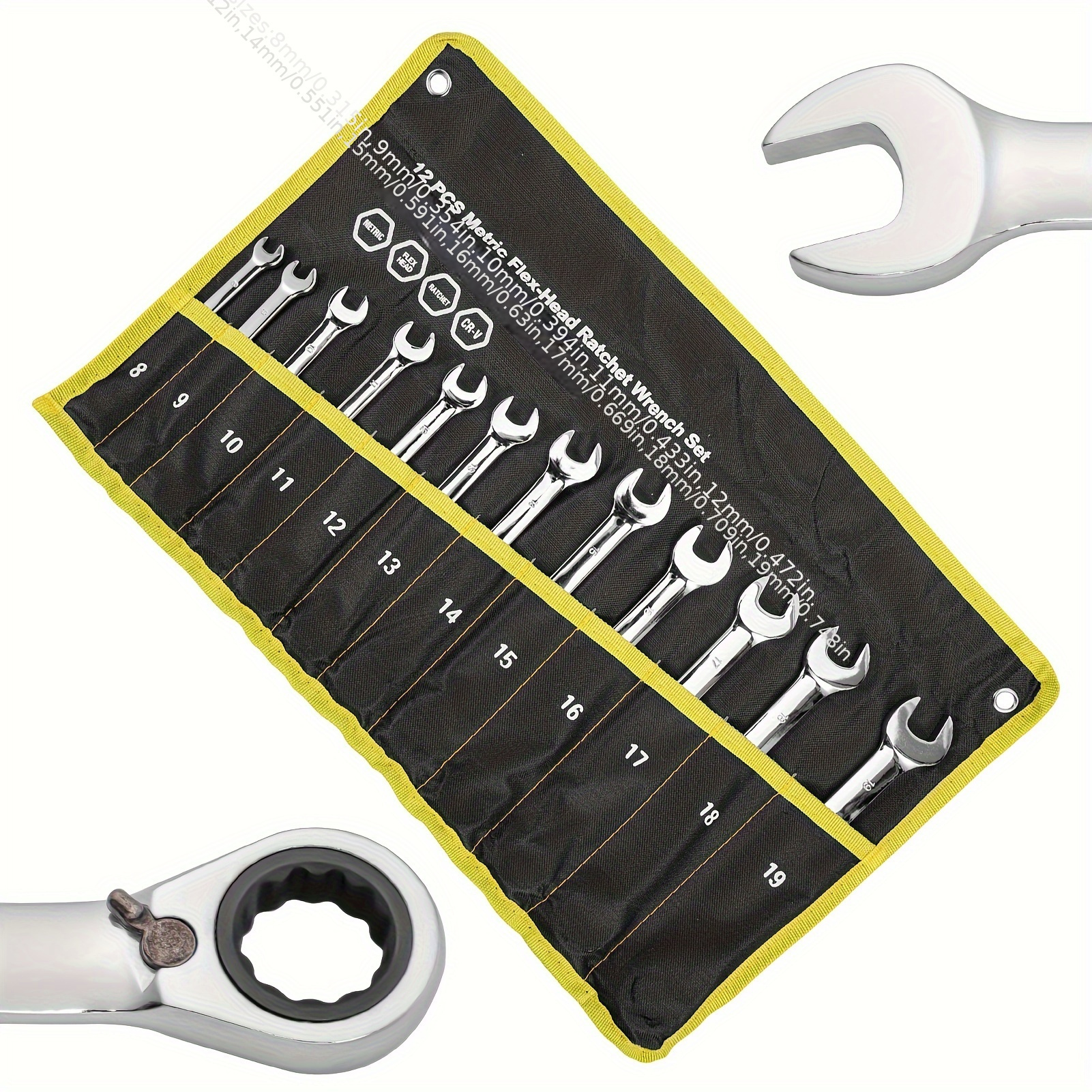 

12-piece Wrench Set, Reversible Ratcheting Combination Set, Metric 8mm-19mm, 72 Teeth, Cr-v Steel Ratchet Wrenches Set With Storage Bag For Motorcycle/ Car/ Mechanical Etc.