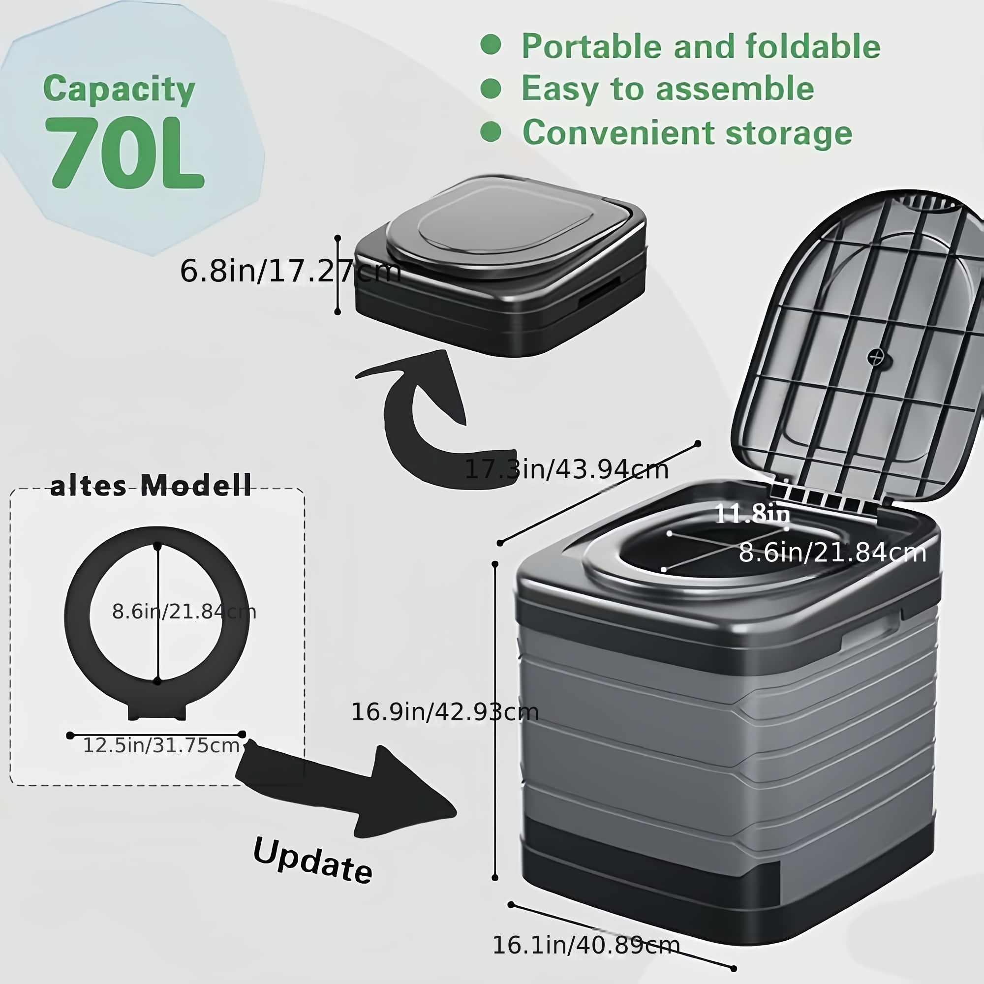Image of A Compact Camping Toilet Featuring A Lid, This Foldable Toilet Is Perfect For Travel, Camping, Hiking, And Fishing. A Washable, Portable Option For Rvs And