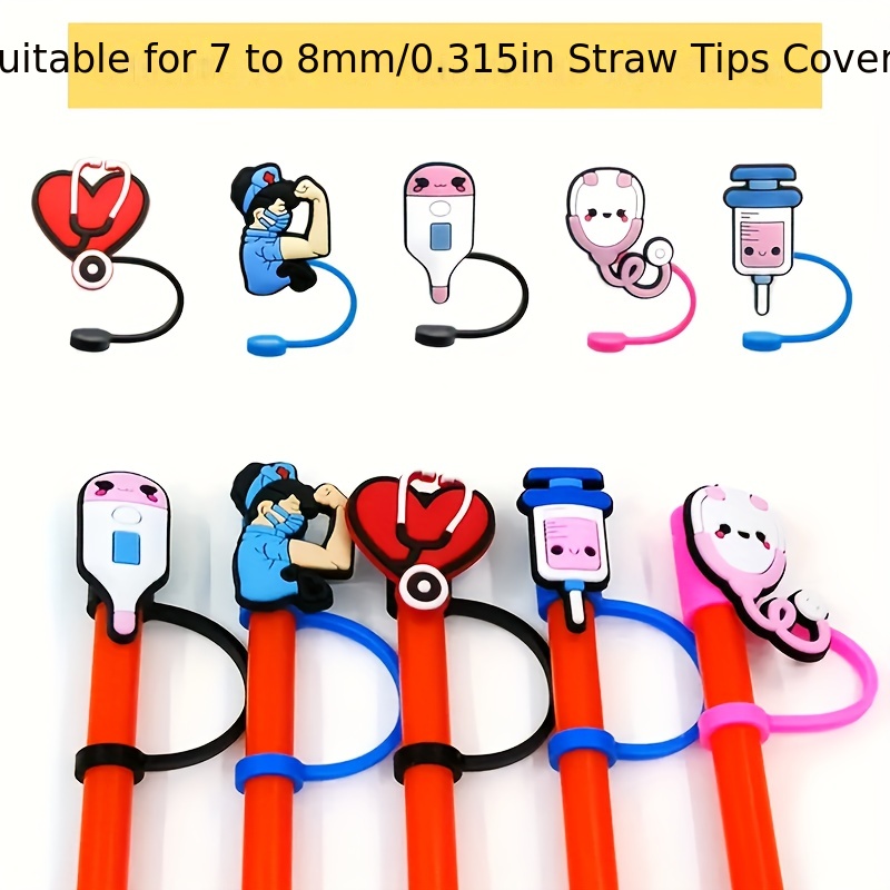 10pcs Cute Cartoon Nursing Series Straw Covers, Reusable Dustproof Silicone Straw Plugs, for 6-8mm Straw, Cup Decoration Accessories,Temu