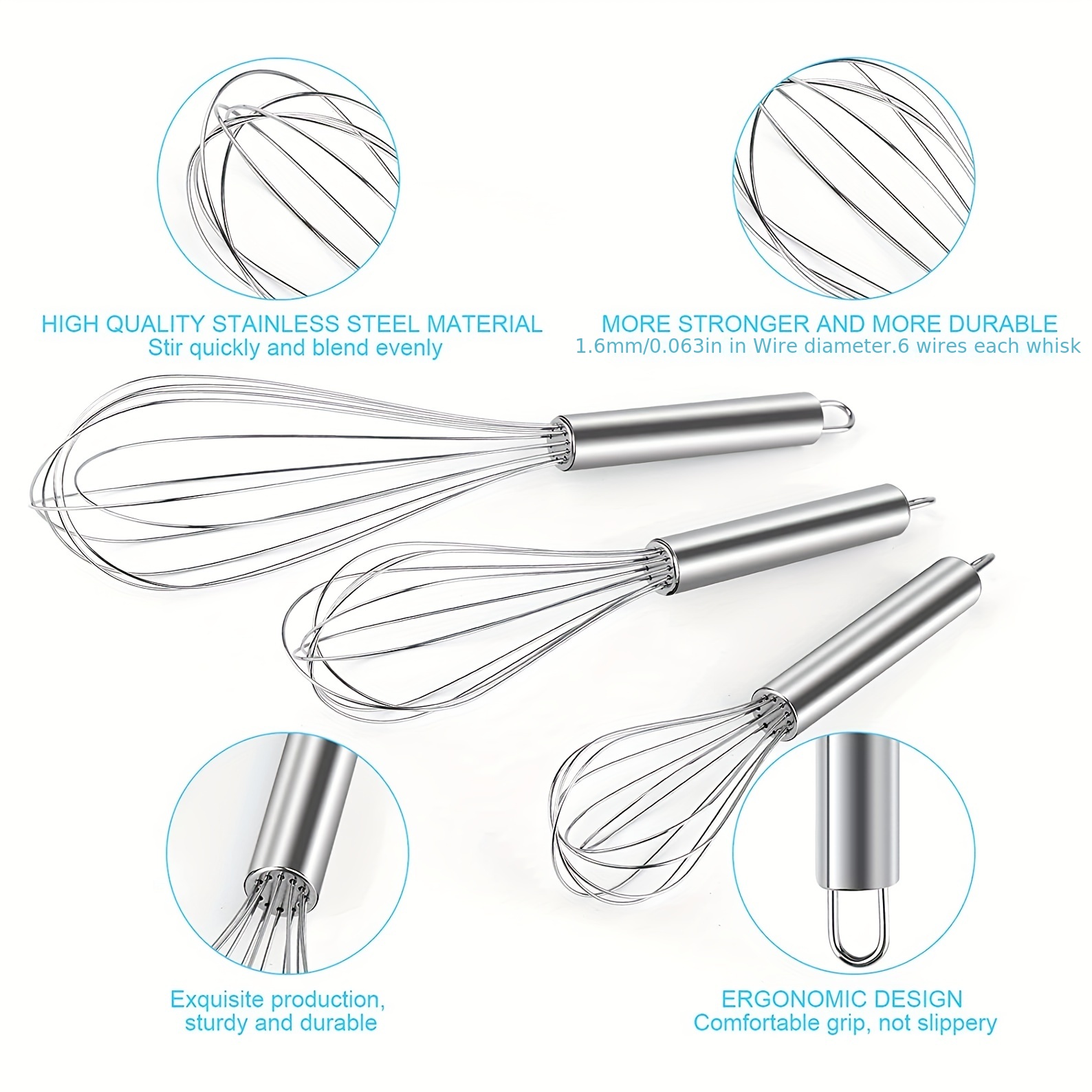 Silicone Whisk, Stainless Steel Wire Whisk Set Of 3 -balloon Egg