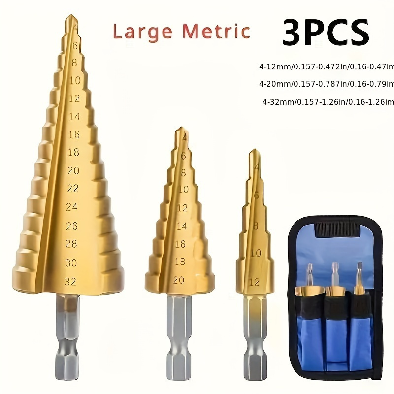 

3pcs Titanium-coated Hss Step Drill Bit Set With Hex Shank - , Hole Drilling Tool