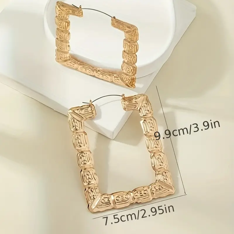 exaggerated rectangle shape golden hoop earrings retro vocation style alloy 18k gold plated jewelry party stage ornaments details 3
