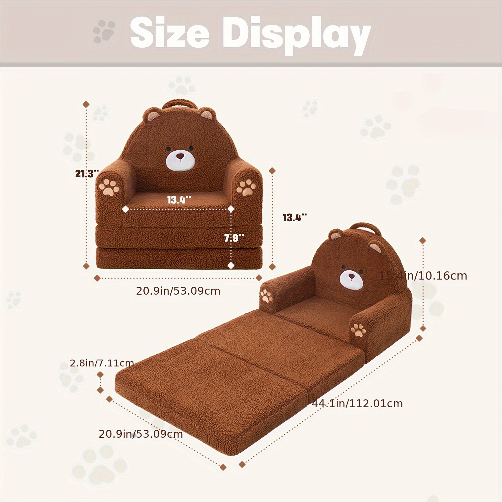 Kids Sofa 2-in-1 Convertible Kids Couch Fold Out Lounger Soft Sherpa Kids Chair High-Density Foam Sofa Cute Brown Bear Playroom Nursery Furniture for Boys Girls Room Decor