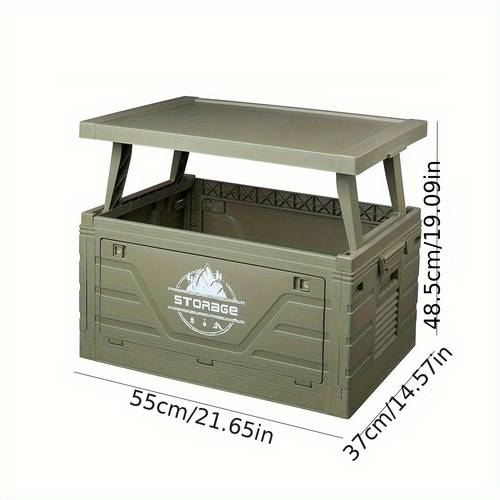 a plastic folding container designed for outdoor activities for camping and organizing trunk featuring a collapsible table and storage capabilities