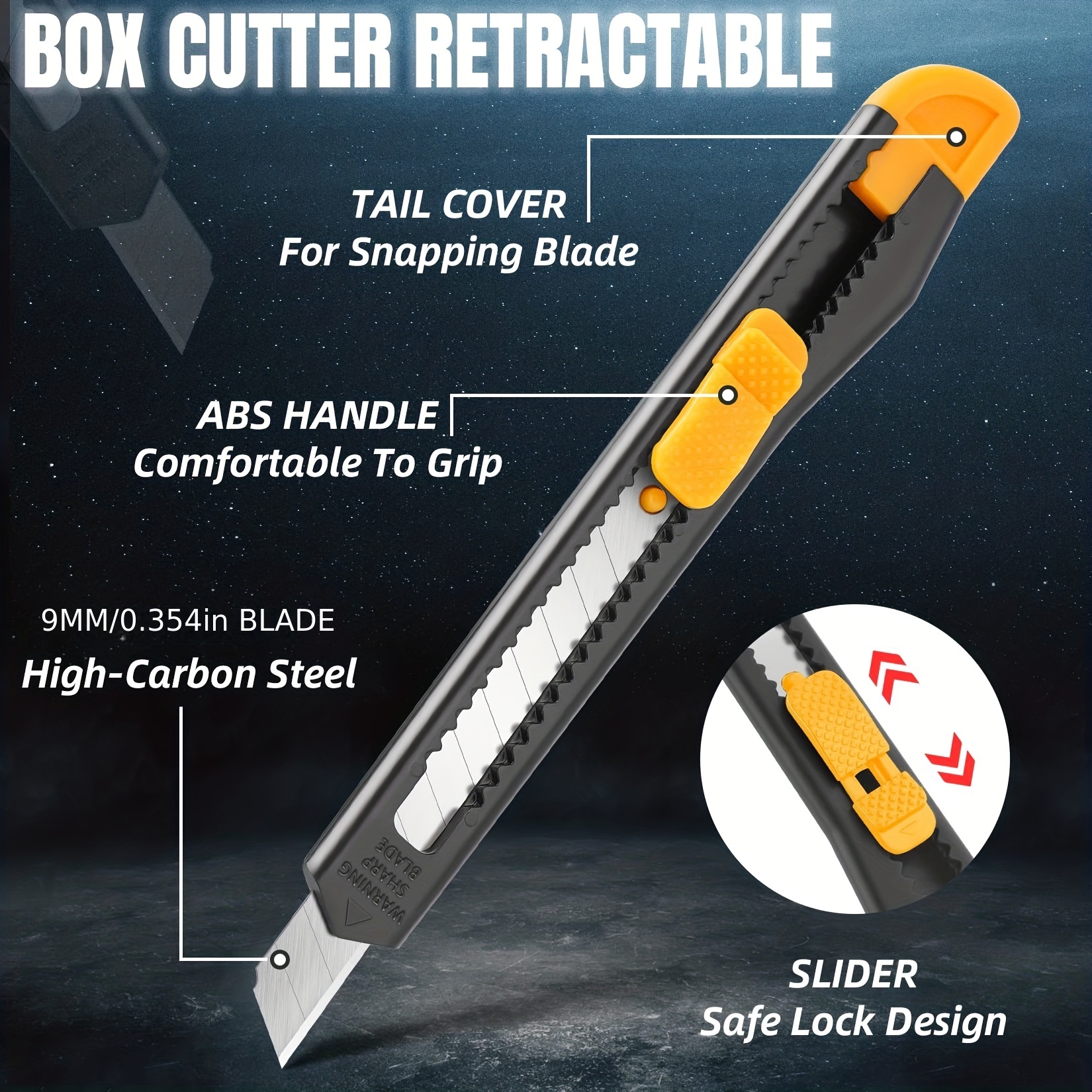 Utility Knife, Box Cutter, Retractable Self Loading With Heavy Duty Snap  Off Quick Change Extra Blades(3PCS) TPR PP Handle Cutting Cardboard Boxes Or