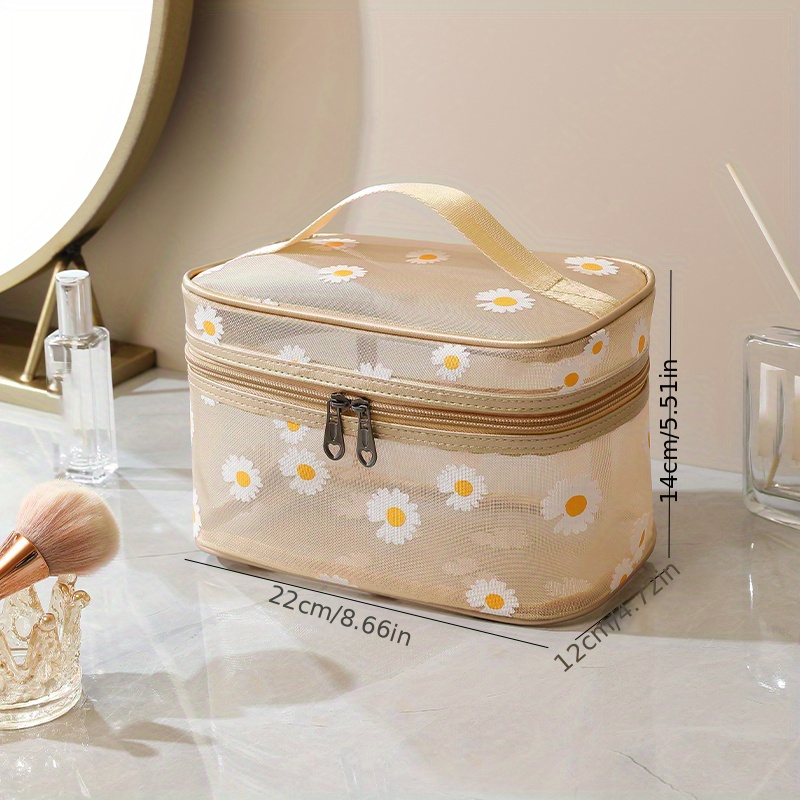 daisy pattern mesh bag portable zipper makeup bag large summer beach toiletry wash bag details 9