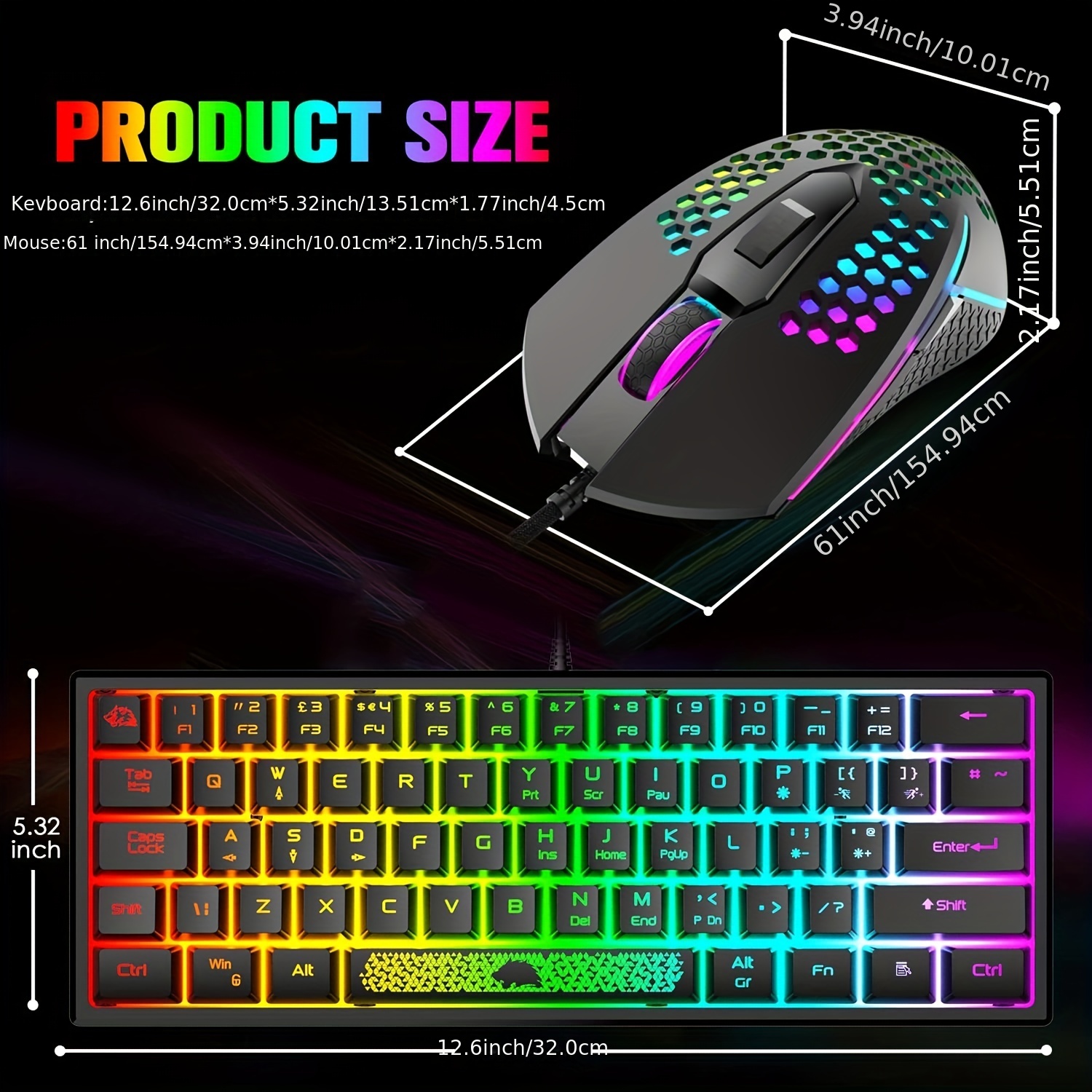 60% Gaming Keyboard and Mouse Wired RGB Backlit Mechanical