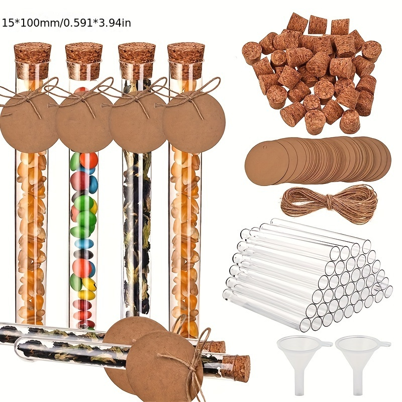 30pcss Test Tube Plastic Transparent Test Tube Test Tube With Cork, 30pcs Paper Pendant, 10m Hemp Rope, 2pcs Funnel, Plastic Test Tubes For Scientific Experiment, Plant, Party Favor, Beads Storage