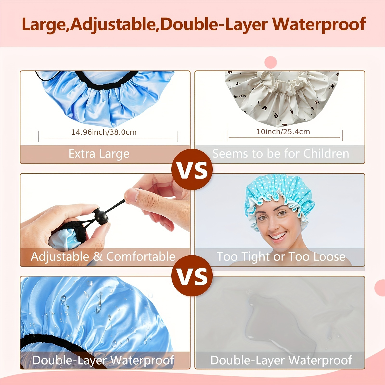 New Women's Double-Layer High Quality Extra-Large Shower Cap, Stretchable and Adjustable for Long Hair, Pull-Over Deep Conditioning Cap, Solid Color Fashionable High Quality Swim Cap, Suitable for All Seasons, Single Piece
