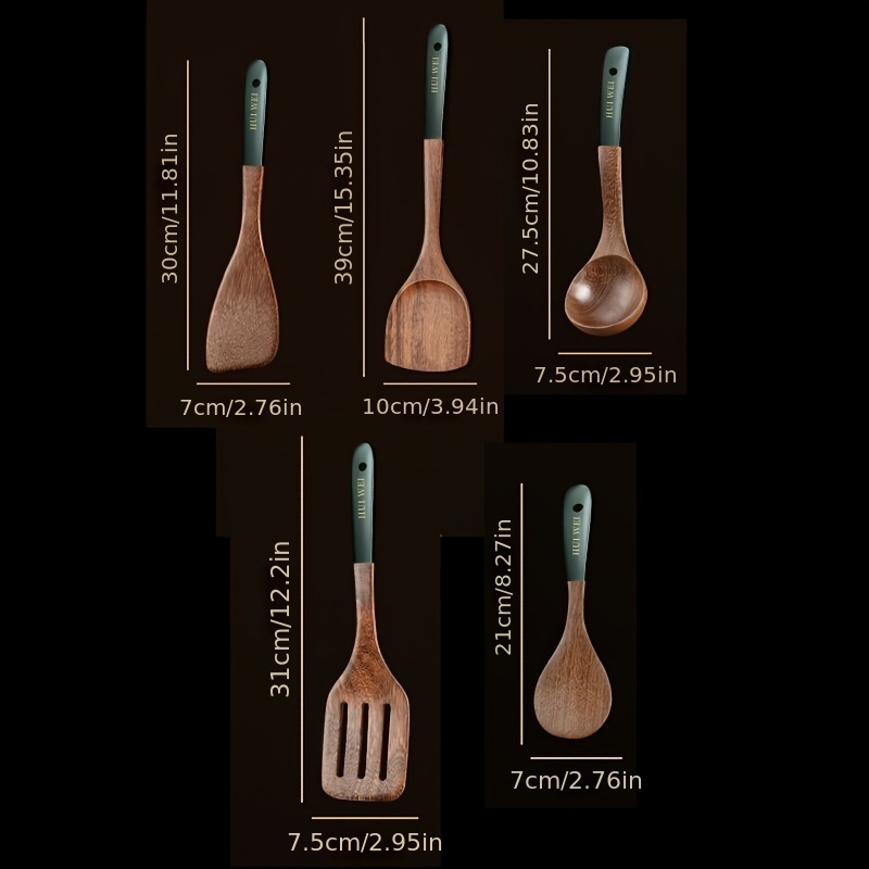  Juego de utensilios de cocina de madera, 5 piezas de acacia  natural para sartén antiadherente, herramienta de cocina, cucharón y  espátulas wok, tenedor de ensalada : Hogar y Cocina