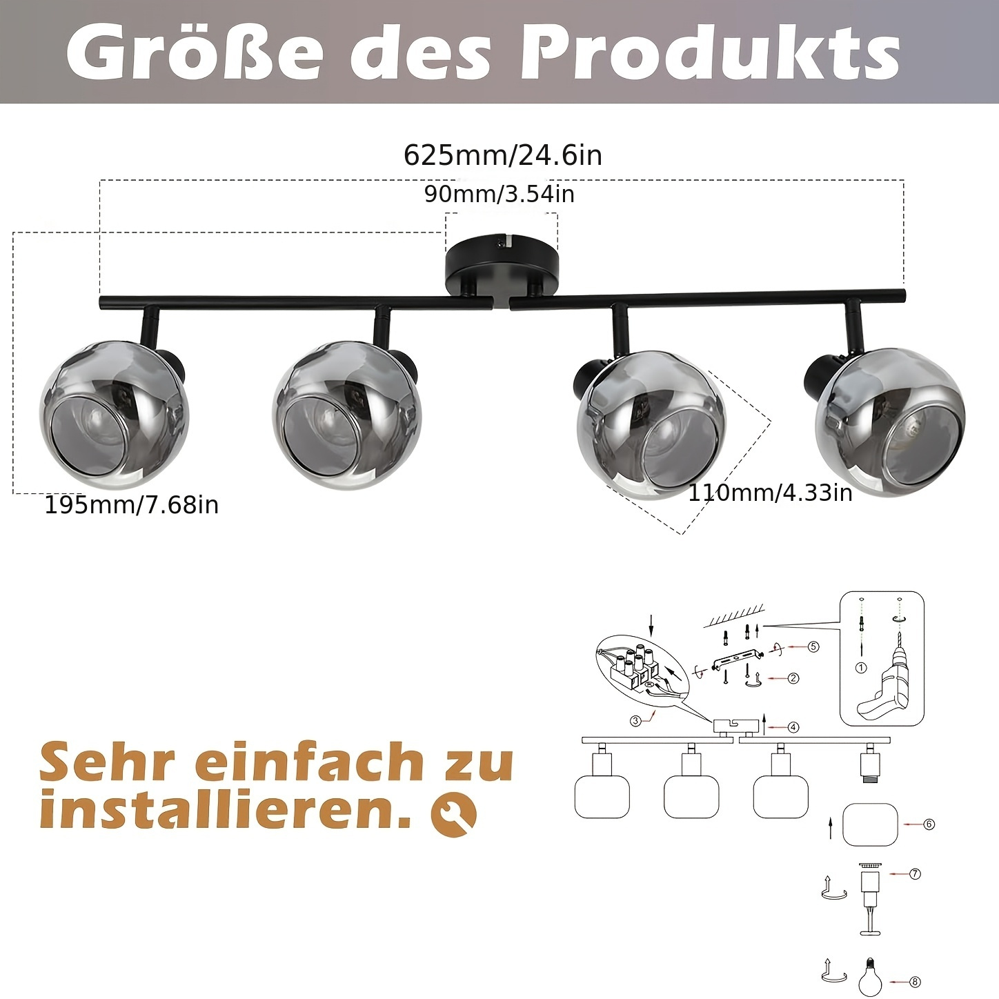 TEMU Black Ceiling Light - 350Â° Rotatable Ceiling Light, E14 Spotlight, Glass Ceiling Light, Spotlight, Smoke Gray. Modern Kitchen Light For Bedroom,