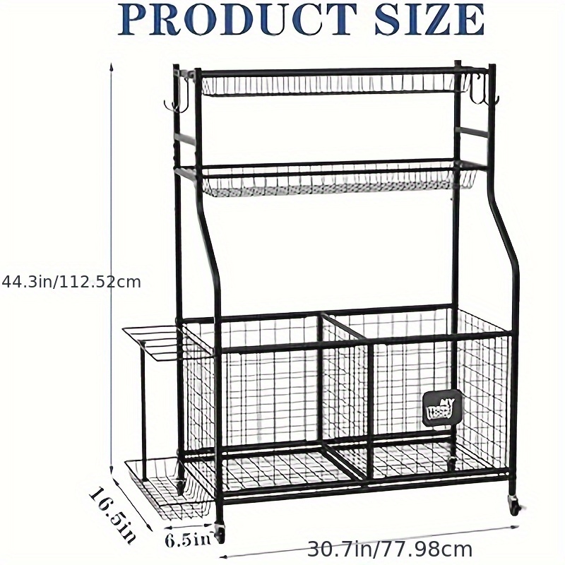 Rolling Cart For Organizing Sports Equipment, Featuring A Lockable Cage For Balls, Baskets, And Hooks, Suitable For Garages, Gyms, Schools, And Playgroups, In Black