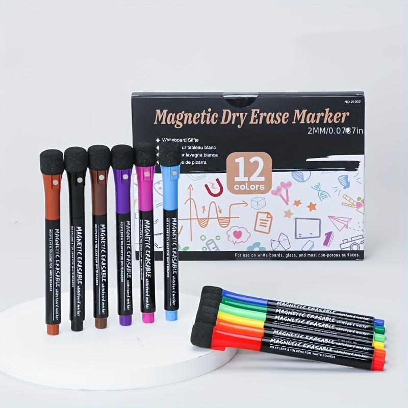 Magnetic Dry Erase Markers Fine Point Tip, 12 Colors White Board Marker  with Eraser Cap, Low Odor Whiteboard Thin for Kids Teachers Office School