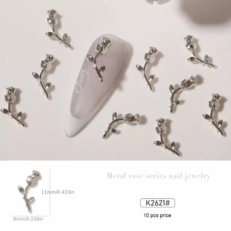 10 pcs Metal Rose Flower Decoration Silver Nail Art Accessories