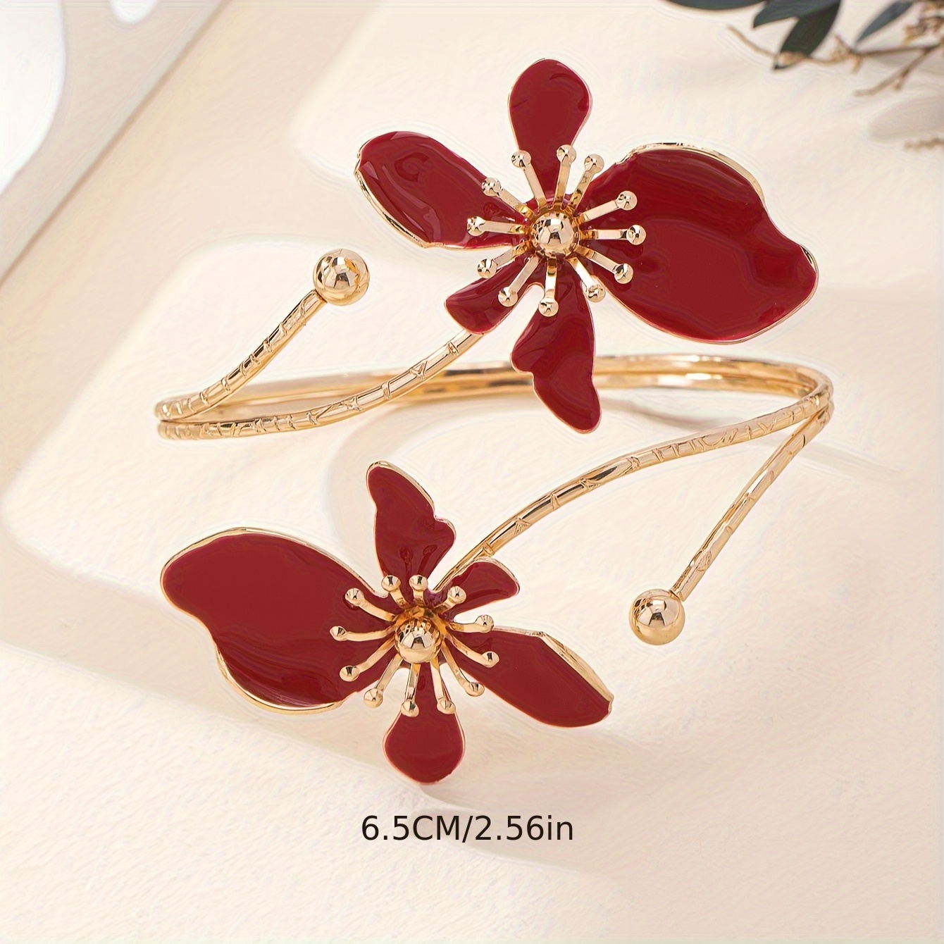 Floral Open Cuff Bracelet Red & Gold Iron Bangle