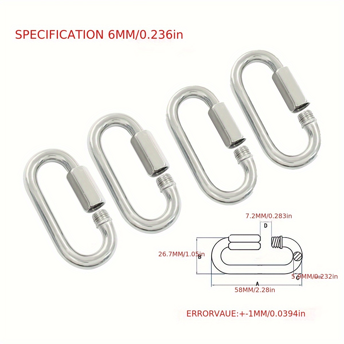 E-shop 4 Stück Hochleistungs-Edelstahl-Schraubkettenkarabiner & Schnellverschlüsse – 3300LB Tragfähigkeit, Große Öffnungskettenverbinder für
