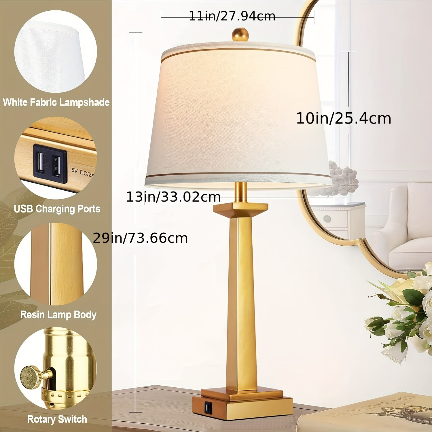 

29" Gold Table Lamps For Living Room, 3-color Temperature Nightstand Modern Lamps With Dual Usb Charging Ports, Resin Brass Tall Lamp For Bedrooms (led Bulbs Included)