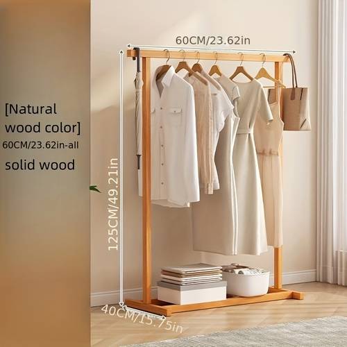 1pc Wooden Clothes Rack, Bedroom Floor Standing Single Rod Coat Rack, Indoor Simple Household Living Room Balcony Drying Clothes Rack