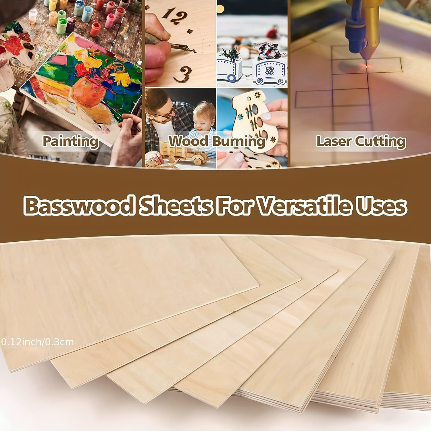 12 Pack Basswood Sheets for Crafts-12 x 12 x 1/8 Inch- 3mm Thick Plywood  Sheets with Smooth Surfaces-Unfinished Squares Wood Boards for Laser  Cutting