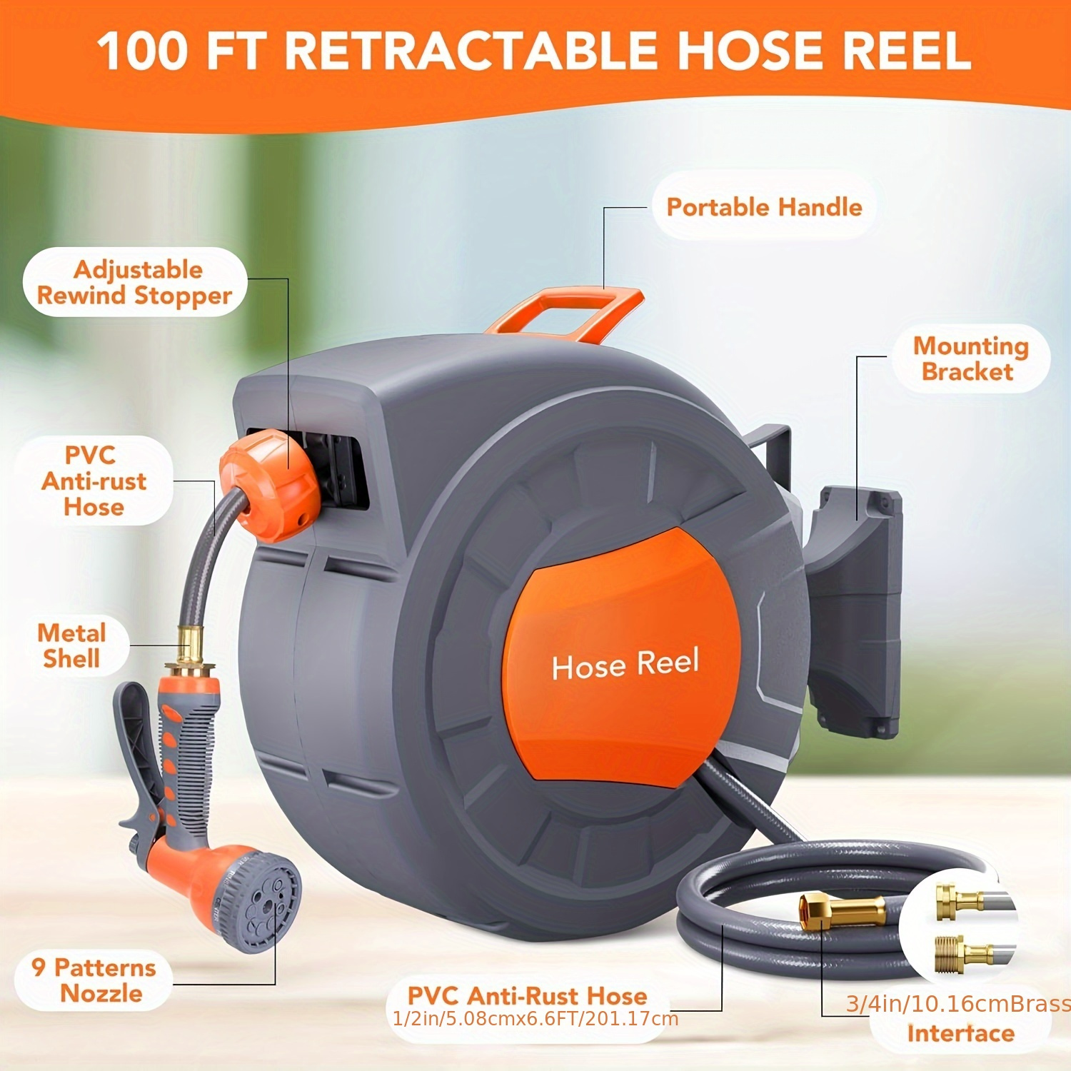 

Garden Hose Reel - Water Hose Reel With Ft Retractable Garden Hose, 9 Sprayer Nozzle, Effortless Automatic , 180 Swivel Wall Mount, Hose Reel Wall Mount, Any Length Lock, Automatic & Slow