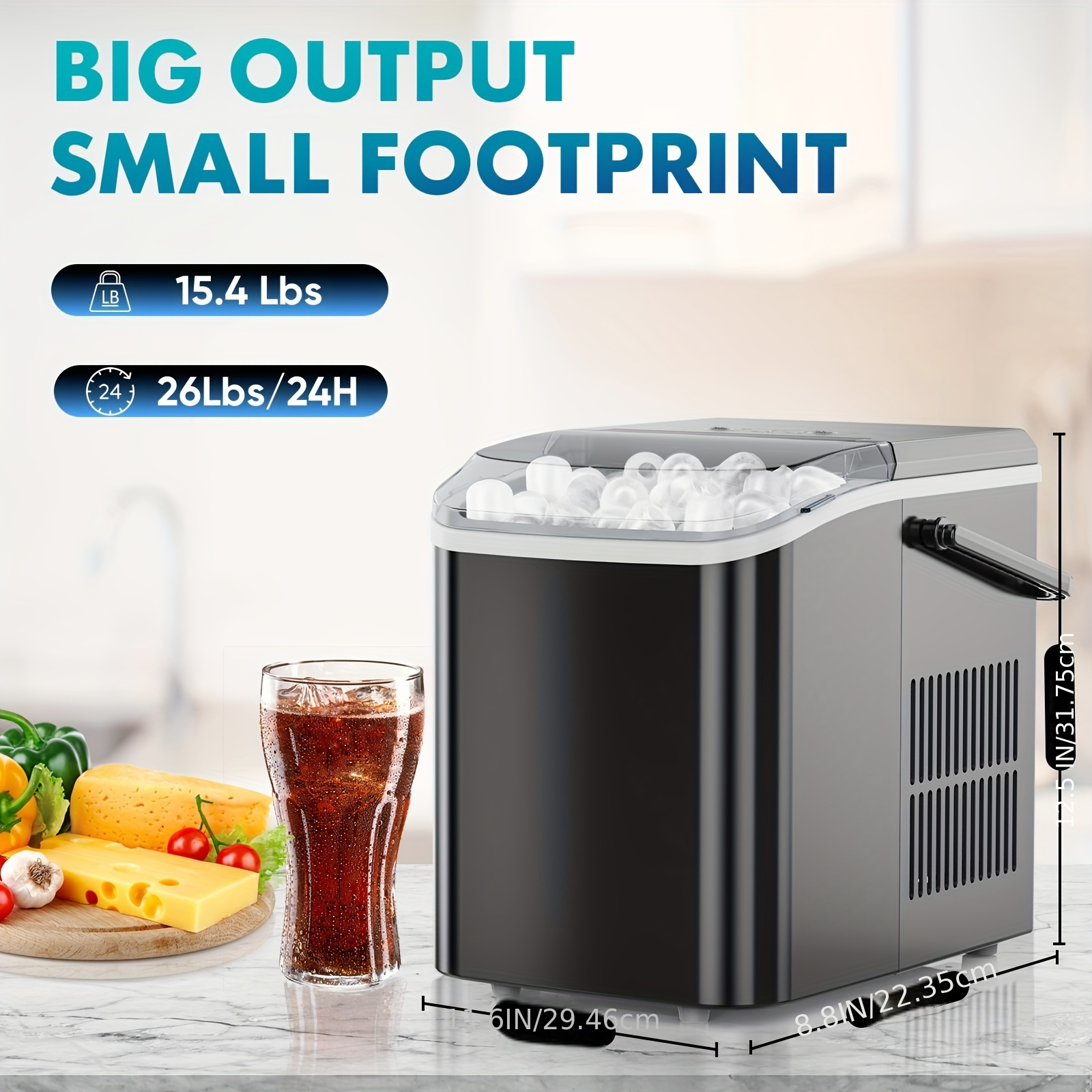 

Smug Portable Ice Maker Counter Top With Ice Scoop, Basket And Handle, 9 Ice Cubes In 6 Minutes, 26.5lbs/, Self-cleaning With 2 Sizes Of Bullet Ice For Kitchen, Office, Party, Black