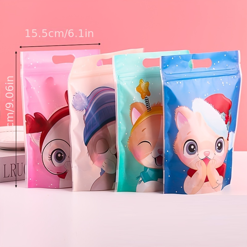 StoBag 10pcs Marry Christmas Ziplock Bags Candy Snack Packaging Tote Handle  Cute Small Kids Cartoon Plastic Sealed Food Storage