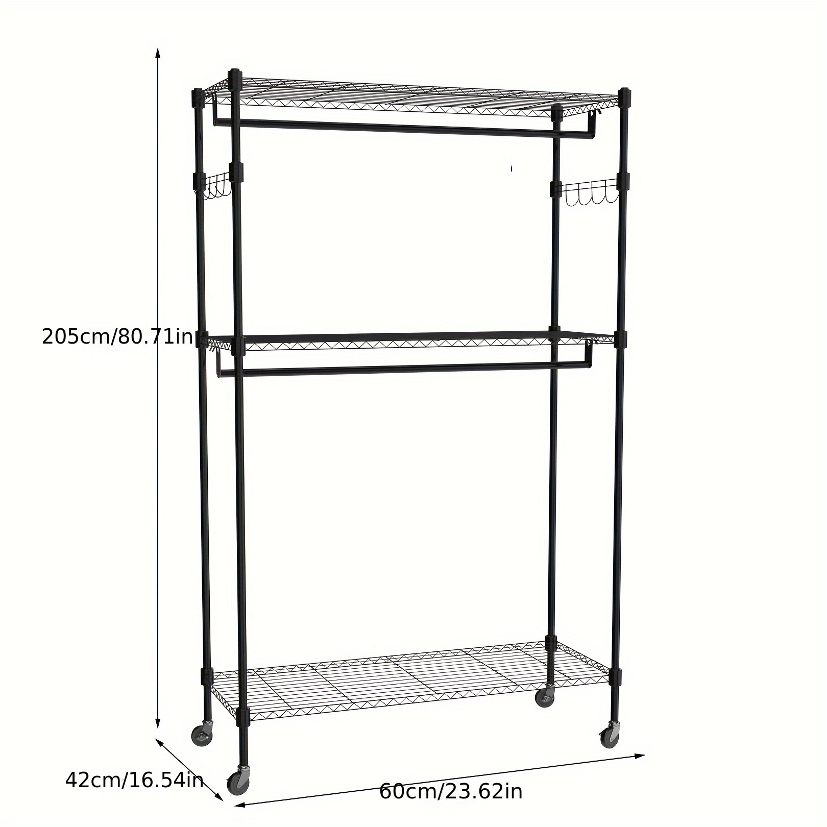 Image of Clothes Rack On Wheels Double Clothes Rail Sturdy Heavy Duty Clothes Rack Freestanding Multifunctional Coat Stand With 4 Hooks For Bedroom Living Room Balcony