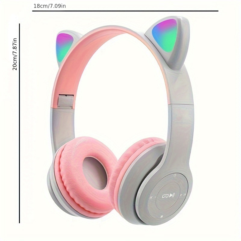 adorable cartoon cat ear led headphones foldable wireless wireless with stereo sound rechargeable battery volume control macaron colors black white pink details 0