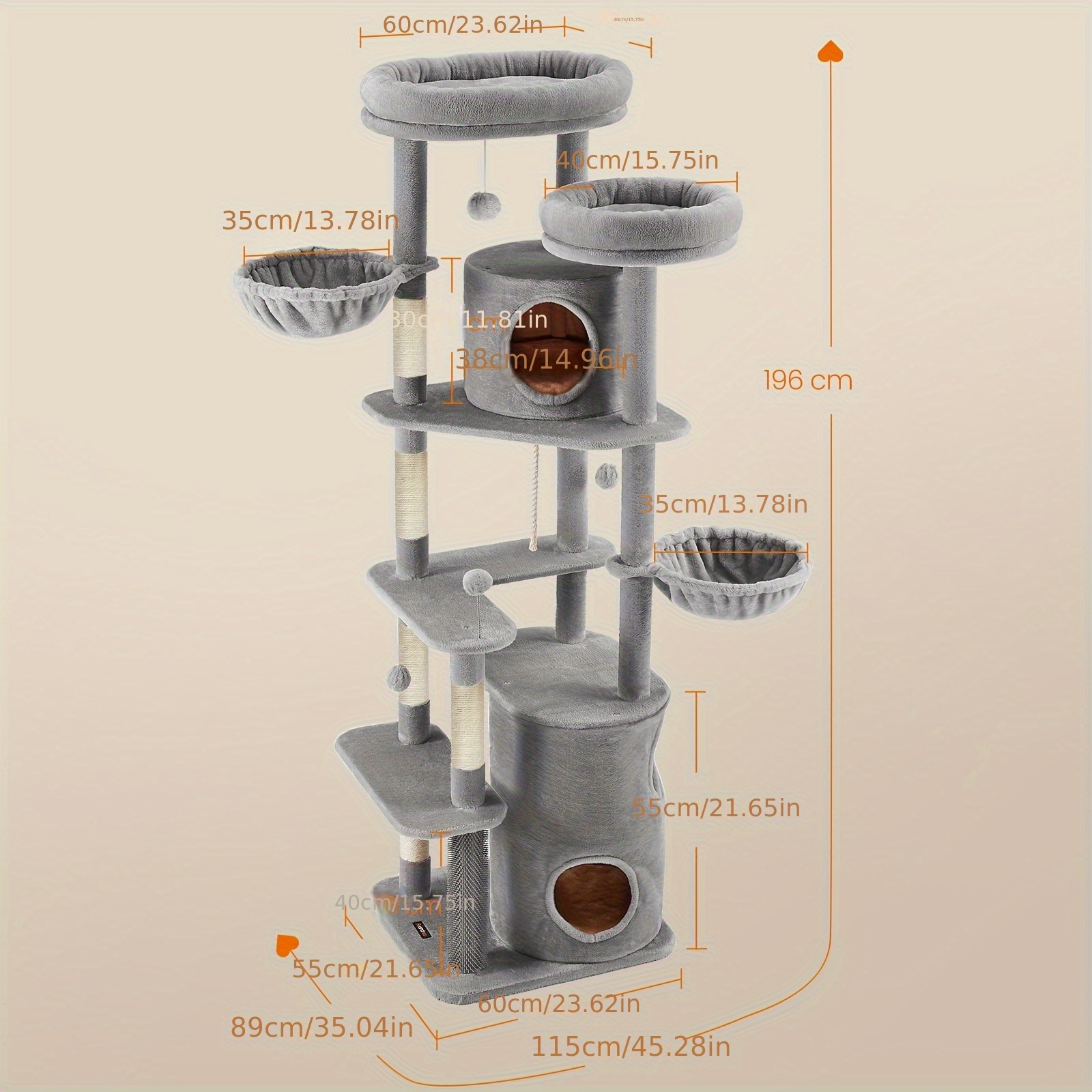 Feandrea XXL Cat Tree, 196cm Tall Cat Tower, Multi-Level Plush Cat Condo with 2 Perches, 3 Caves, 2 Baskets, 5 Scratching Posts, 4 Pompoms, Self-Groomers, for Indoor Cats