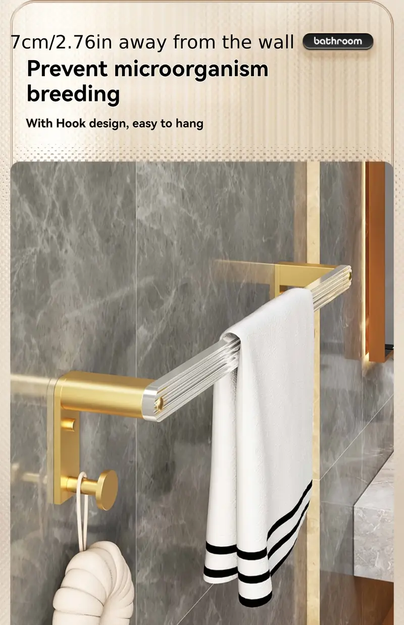 modern golden aluminum bathroom towel rack wall mounted 2 tier space saving design with ends no drill installation for contemporary bathrooms contemporary bathroom accessory luxury bathroom fixture sturdy construction bathroom decor and accessories Product details 2