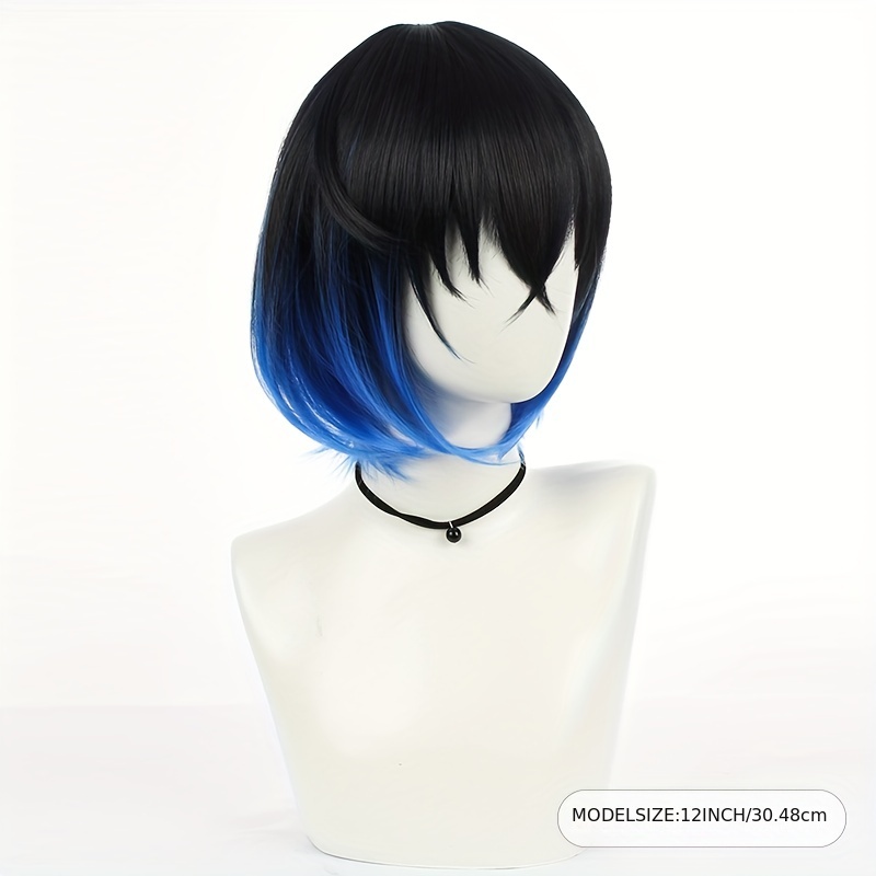 blue gradient short straight wig bangs anime cosplay wig Temu