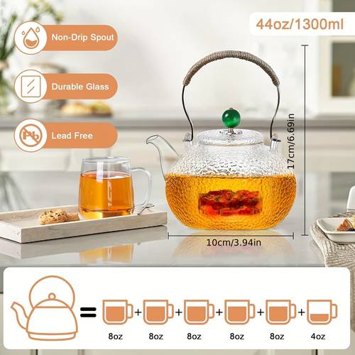 44oz 1300ml borosilicate glass teapot with removable infuser lid gas stovetop safe anti scalding handle clear tea kettle for loose leaf holiday gift for christmas thanksgiving halloween easter serving tea decorative glassware teapot