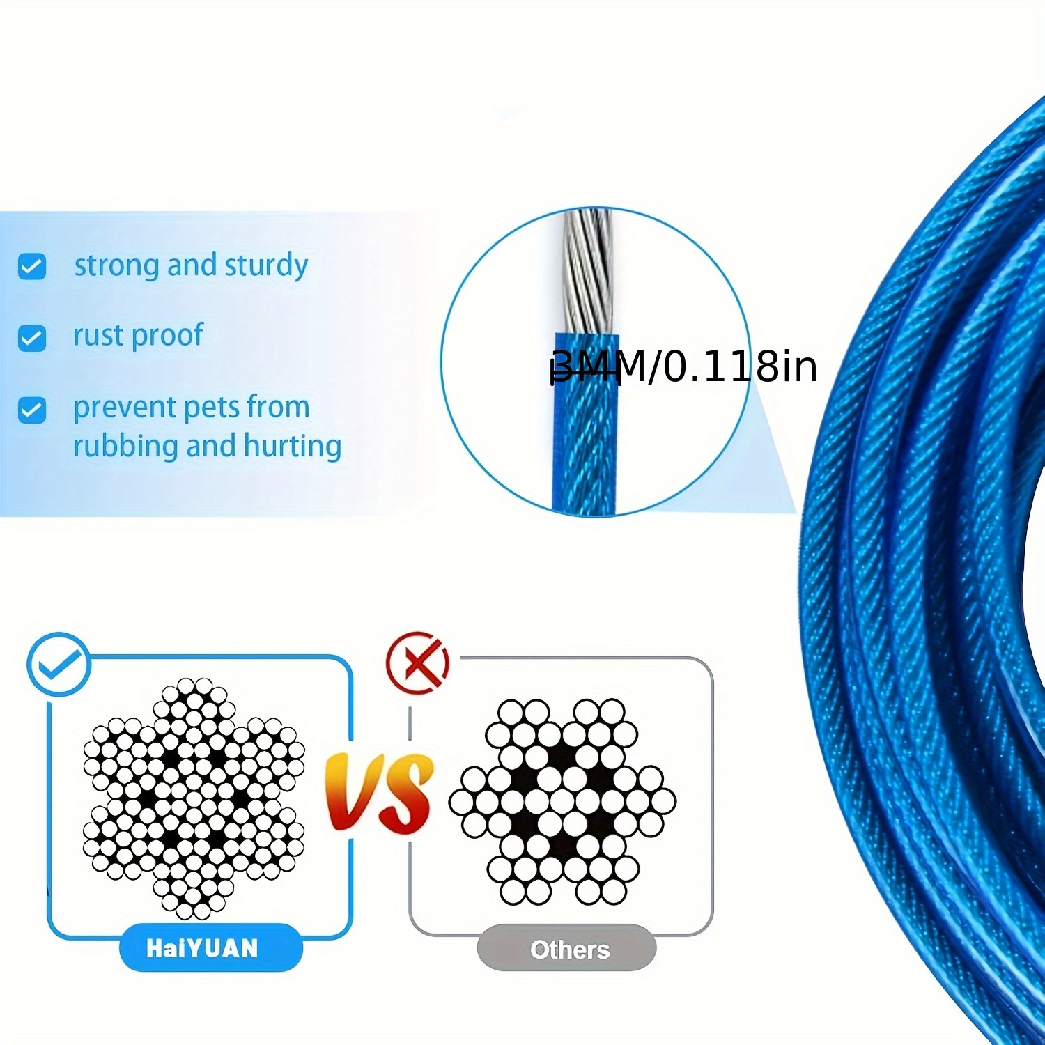 Dog Tie Out Cable with Durable Clips, 3.05/4.57/6.1/9.14 Meter Options
