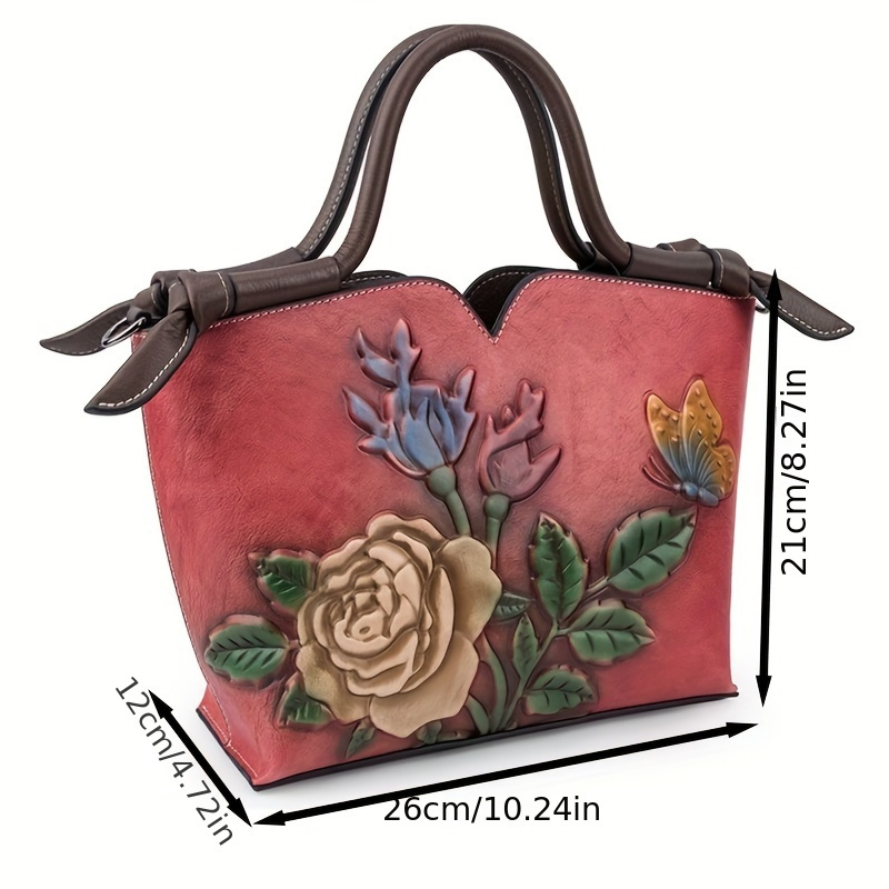 Romantic Vintage Floral Leather Handbag - Spacious Tote with Rose & Butterfly Embroidery - Genuine Leather, Versatile Shoulde...