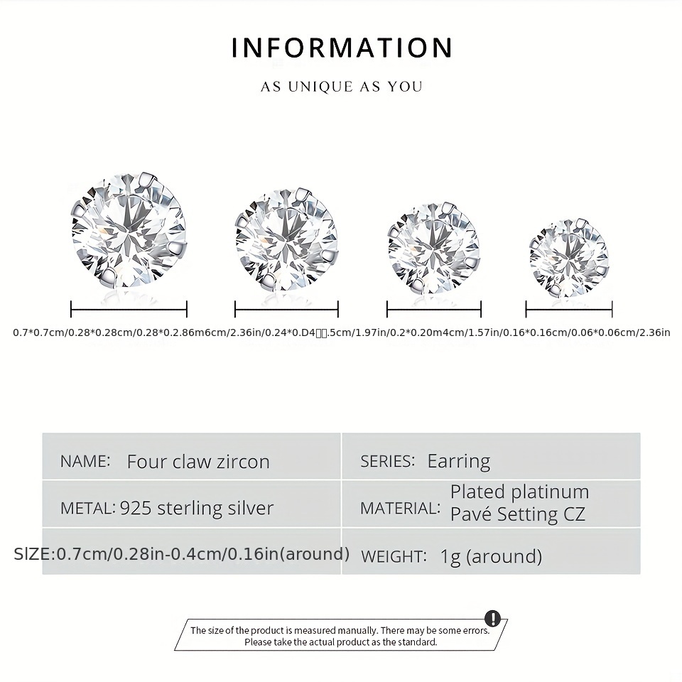 Stud Earrings 925 Platinum Plated Round Cubic Zirconia