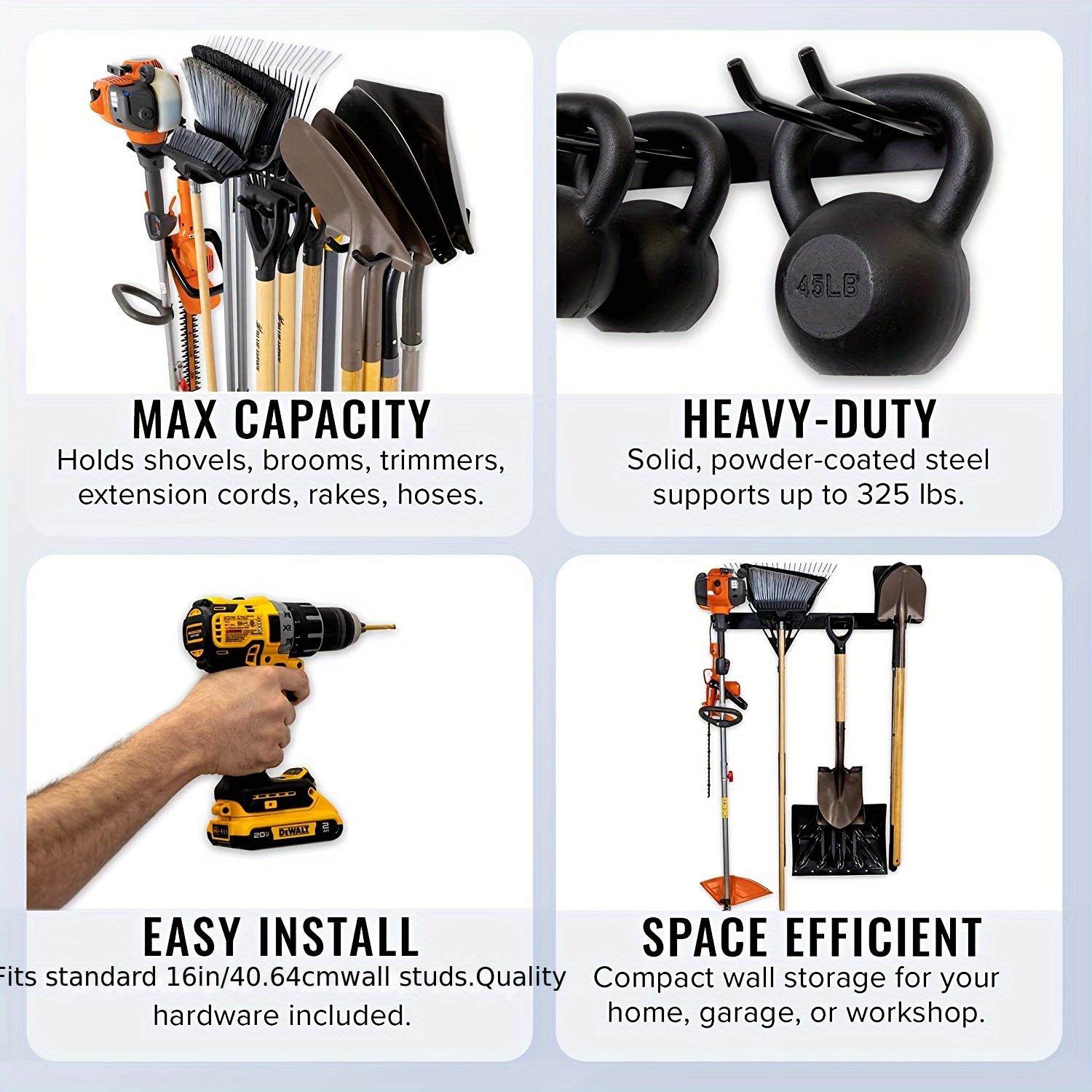 StoreYourBoard Support de rangement pour outils, max., support mural de  garage, peut contenir 90,7 kg d'outils de jardin, pelles, râteaux, balais,  cordons, tuyaux : : Outils et Bricolage