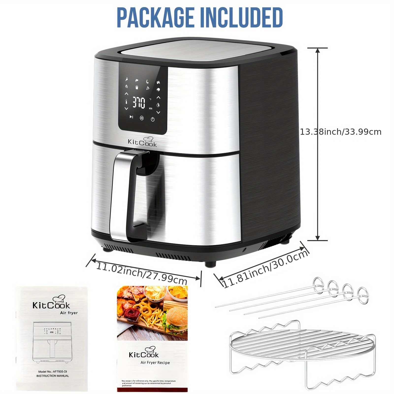  KitCook Large Air Fryer XL, 1500W 120V 5.8QT Stainless Steel Air  Fryers Oven, Nonstick Basket, LED Touch Screen, 8 Presets Menus, Dishwasher  Safe for Roaste/Bake/Grill with Racks & Skewers Recipes 