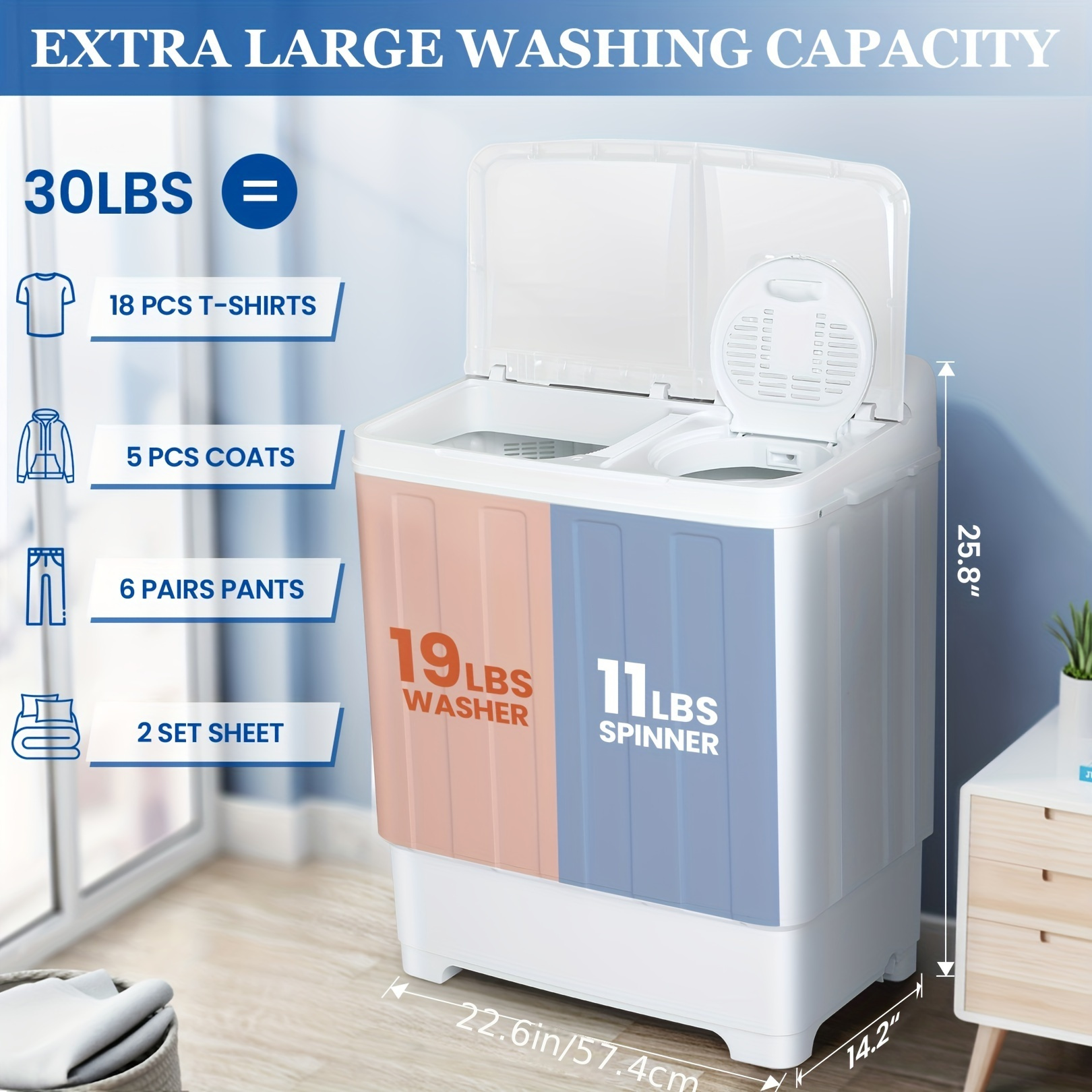 

Portable Washing Machine Twin Tub 30lbs Capacity Washer And Spin Dryer Combo, 2-in-1 Compact Laundry Washer (19lbs) And Spinner (11lbs), For Apartment, Rv, Dorms