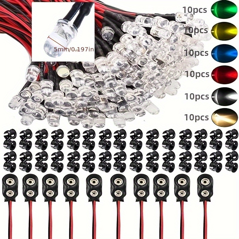 60pcs 3MM 5MM LED 9-12V Prewired With Fixed Bracket Cable Bulb LED Glow  Diode, 9V Battery Buckle 10pcs, Micro LED Glow Diode Model Combination Kit,  12