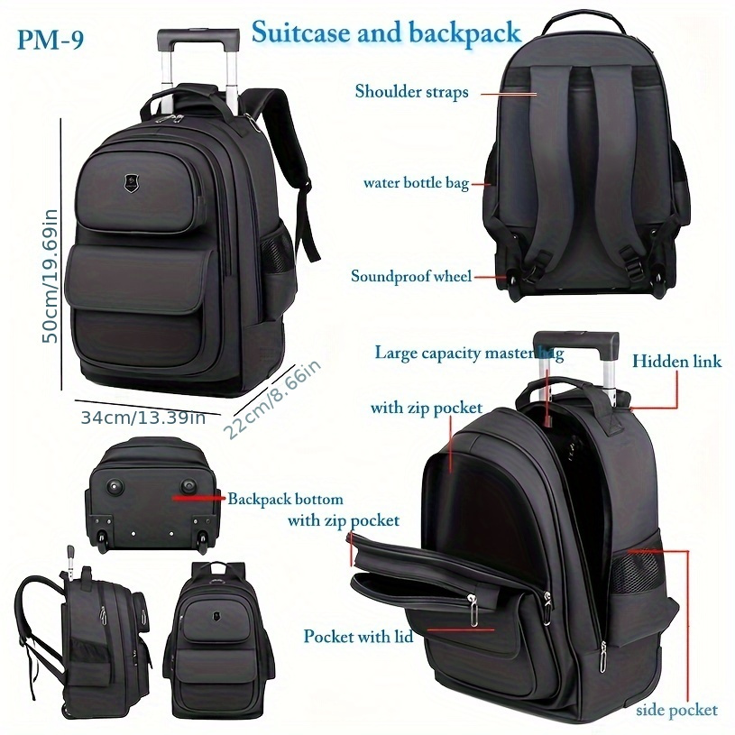 multi functional rolling backpack high quality oxford material large capacity multiple storage compartments quiet wheels hidden telescopic handle unisex casual fashion mens shoulder bag for travel and leisure details 3