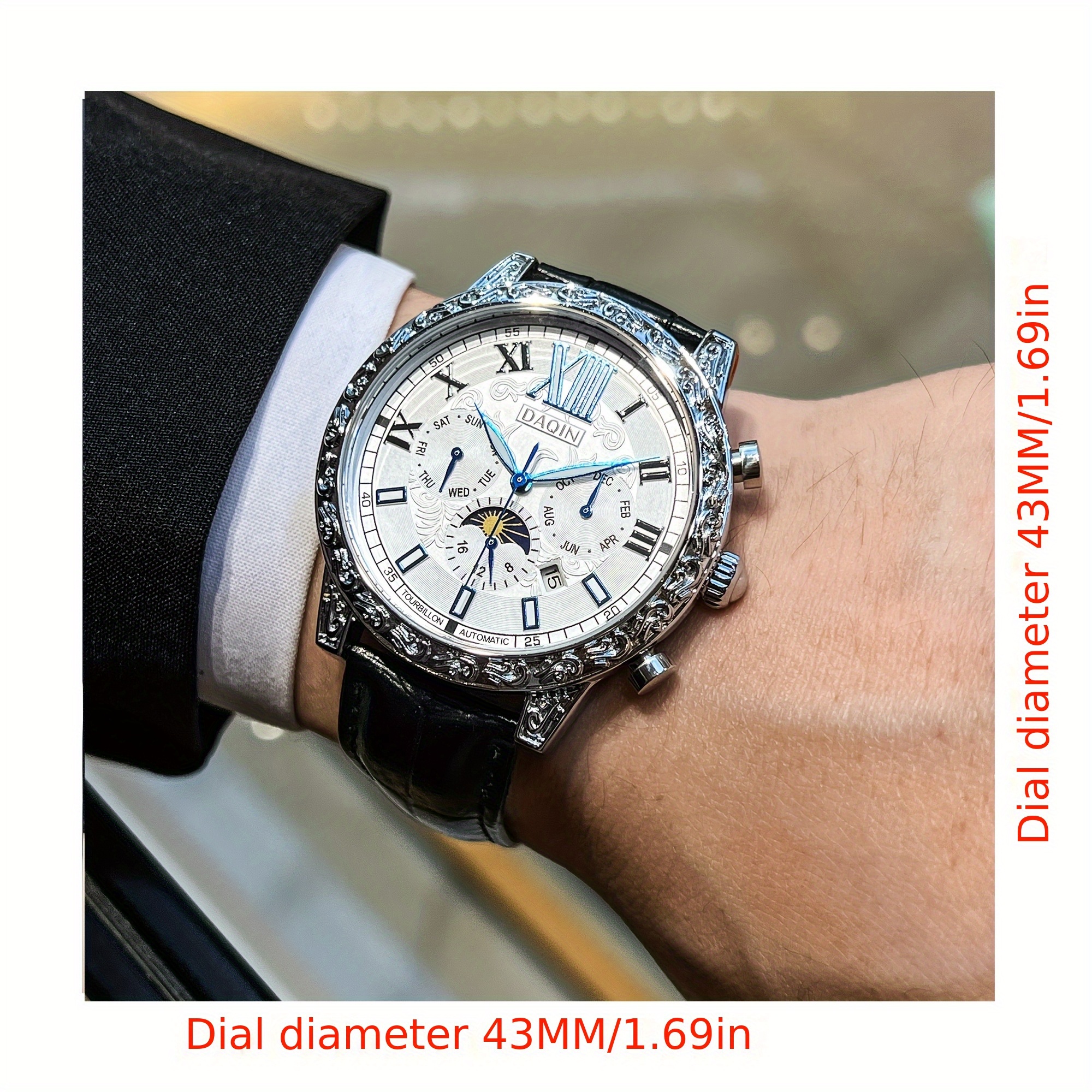 mens fully automatic dual sided hollow flywheel mechanical watch mens light luxury high end carved   with   calendar month night light moon phase multifunctional fashionable business casual mens wristwatch a gift   valentines day gift birthday gift without battery details 1