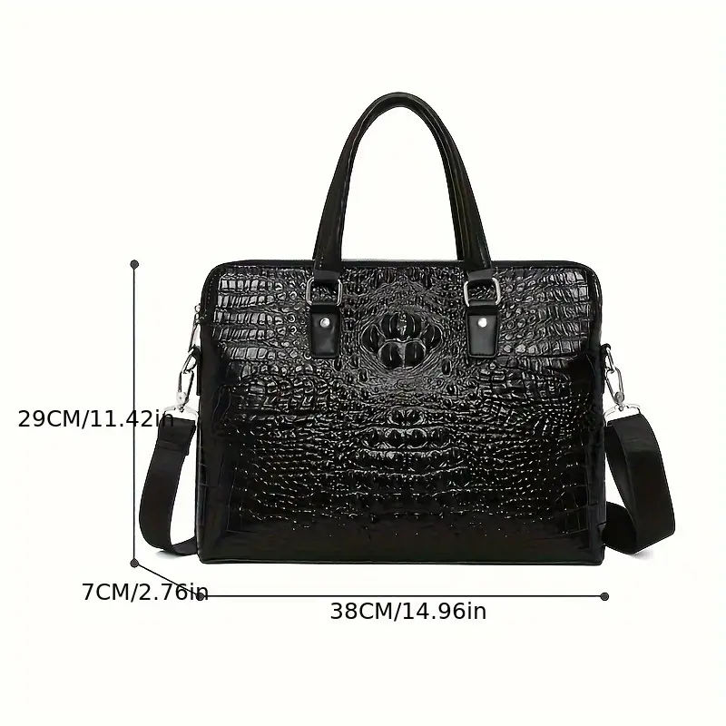 mens cowhide leather briefcase large capacity business crossbody bag with adjustable shoulder strap crocodile embossed texture zipper closure for work travel commuting Product details 2