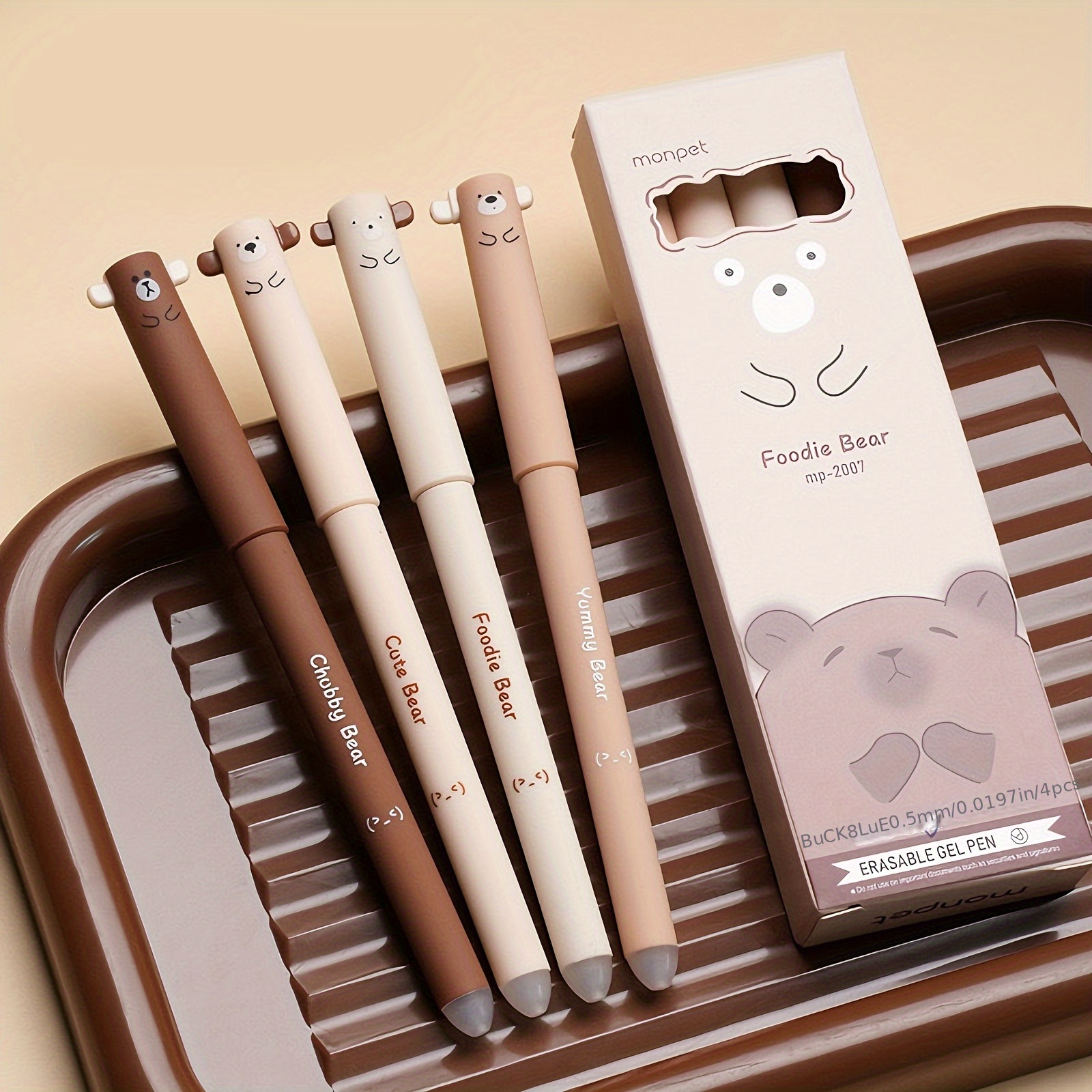 

4 stylos à gel effaçables en de mignons, pointe fine de 0,5 mm, encre à séchage rapide, , matériau en plastique, pointe , pour